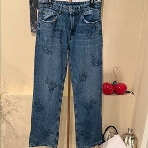 Zara Blue Floral Straight Jeans